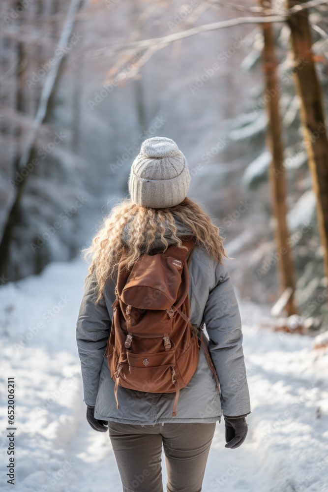 Woman with scarf and hat in snowy forest