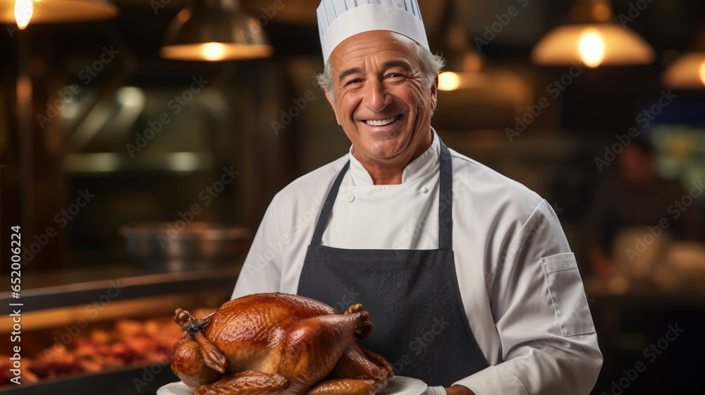 Chef holding turkey with proud expression