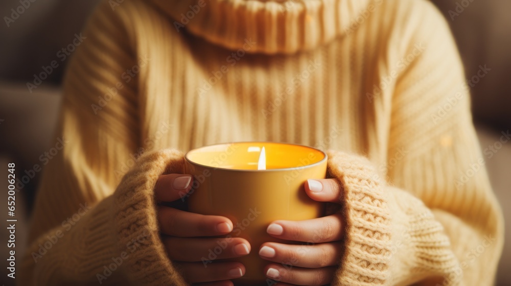 Woman in cozy sweater holding hot drink