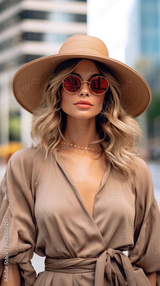 Fashionable woman in oversized hat and sunglasses