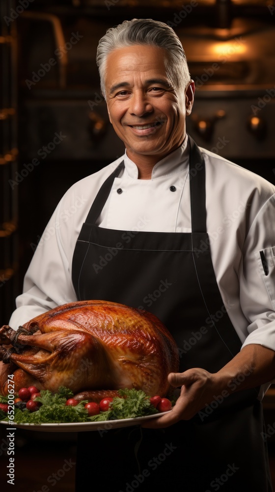 Chef holding turkey with proud expression