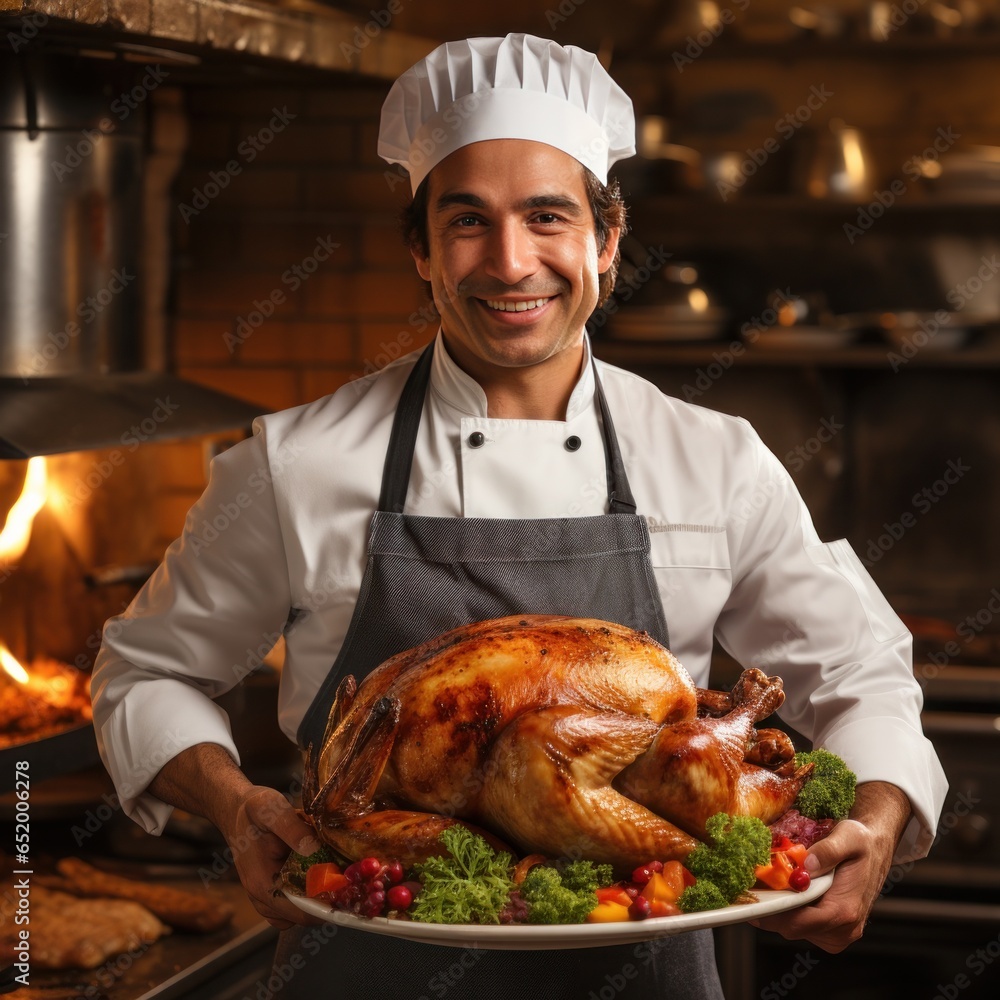 Chef holding turkey with proud expression