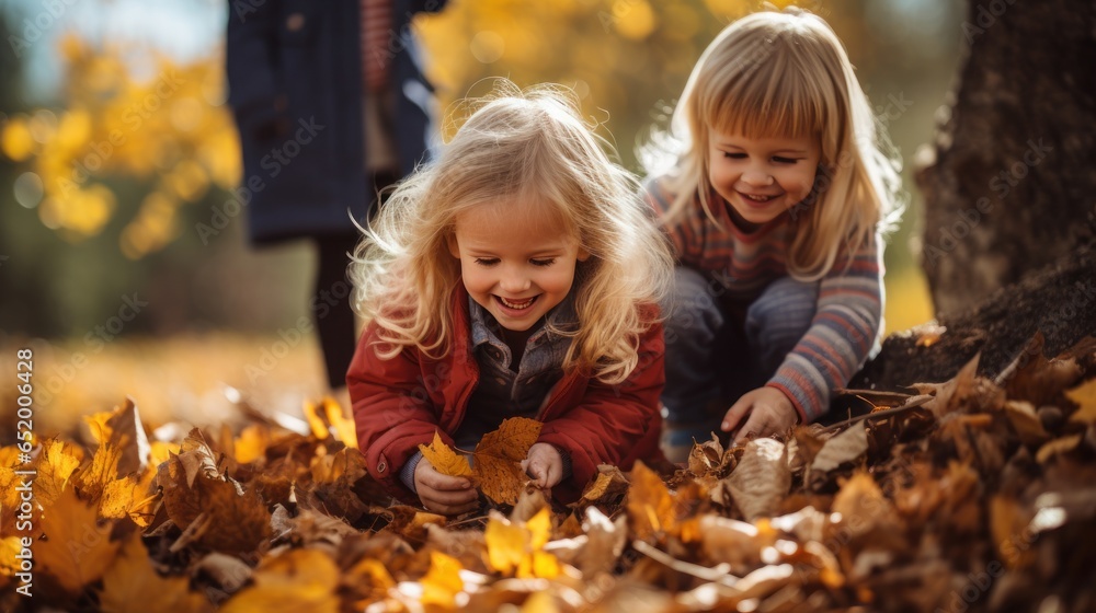 Children playing with fall leaves outside