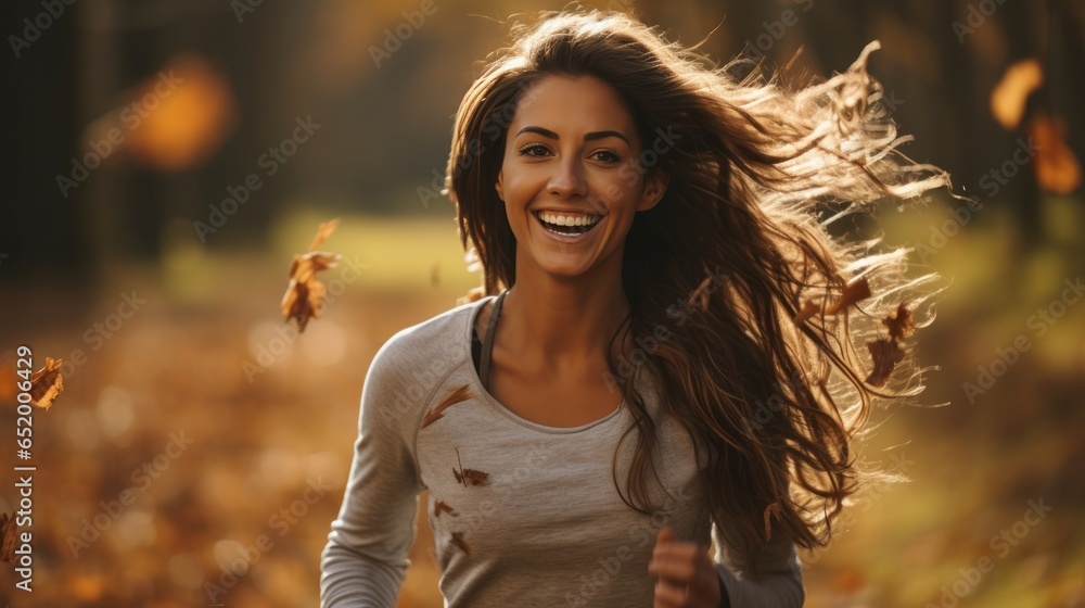 Woman running through field with falling leaves