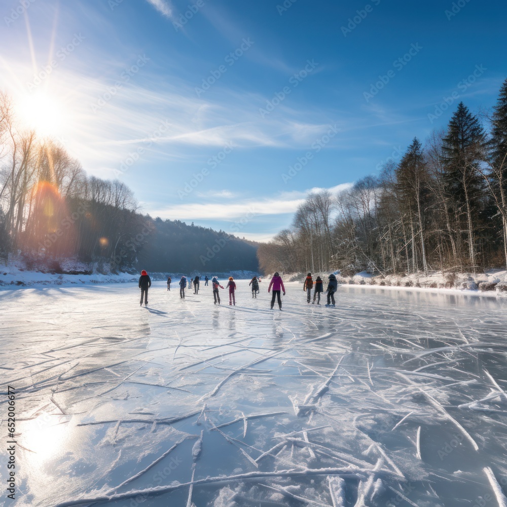 Group of people ice skating on frozen lake