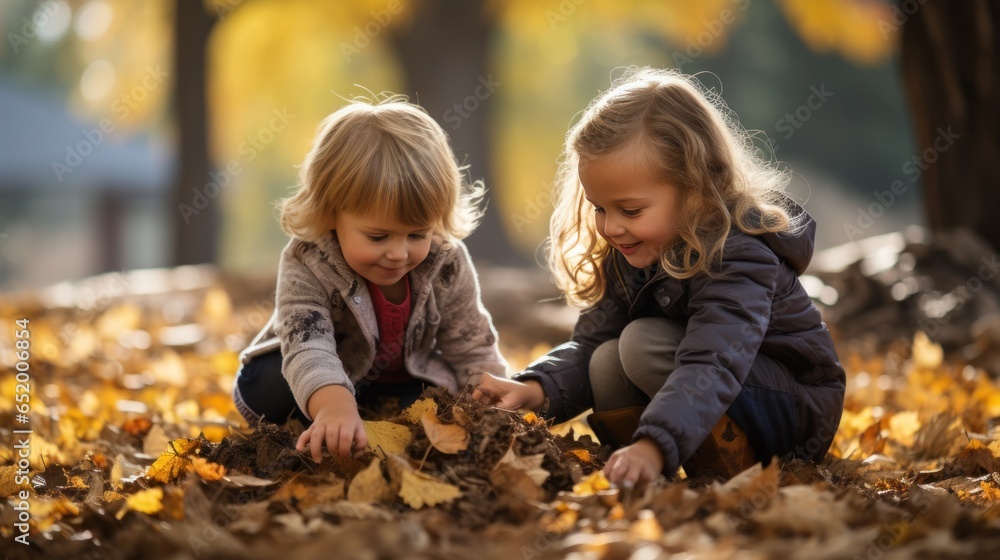 Children playing with fall leaves outside