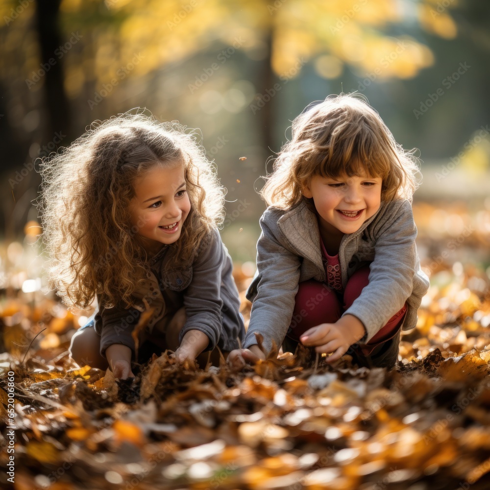 Children playing with fall leaves outside