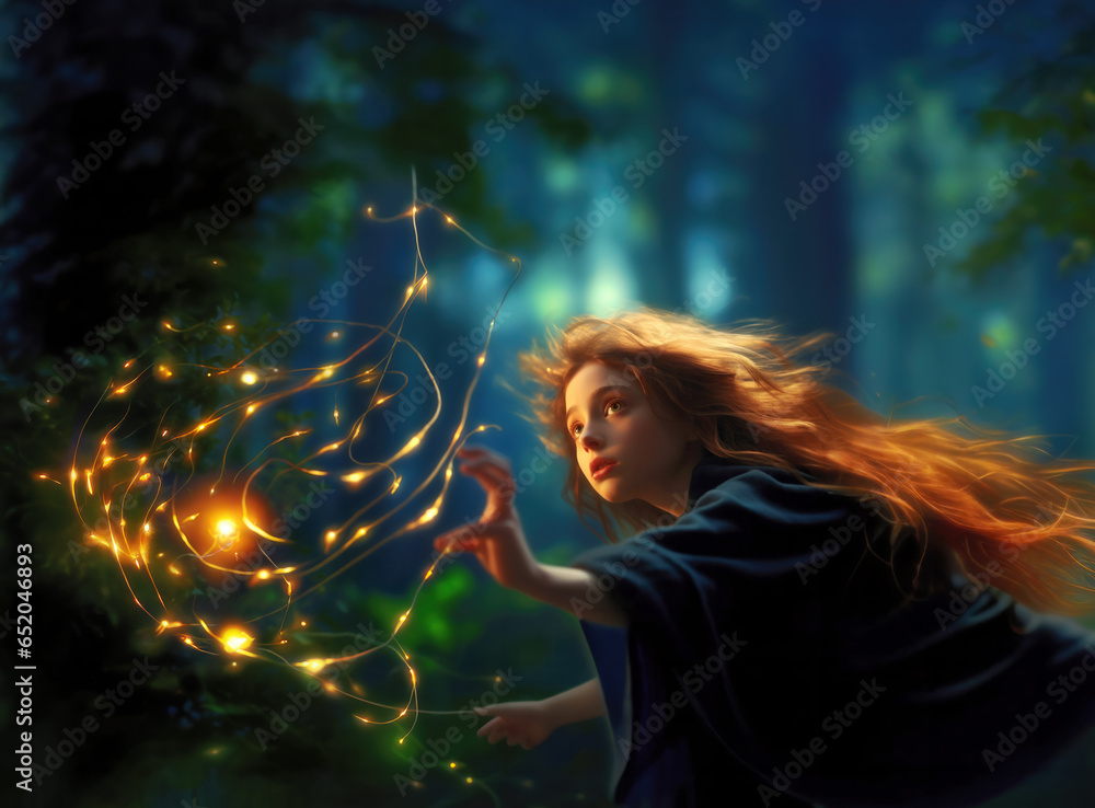 Modern teen witch casting a glowing golden threads of magic spell in a night forest, fantasy concept