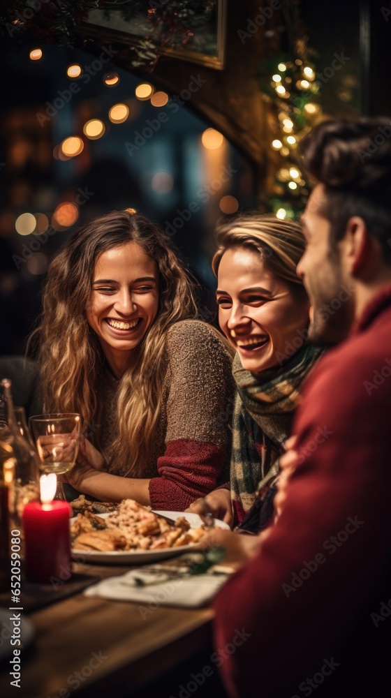 Happy friends enjoying a festive dinner together