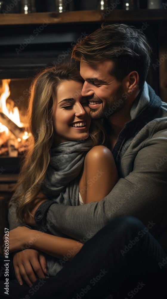 Loving couple cuddling by the fireplace