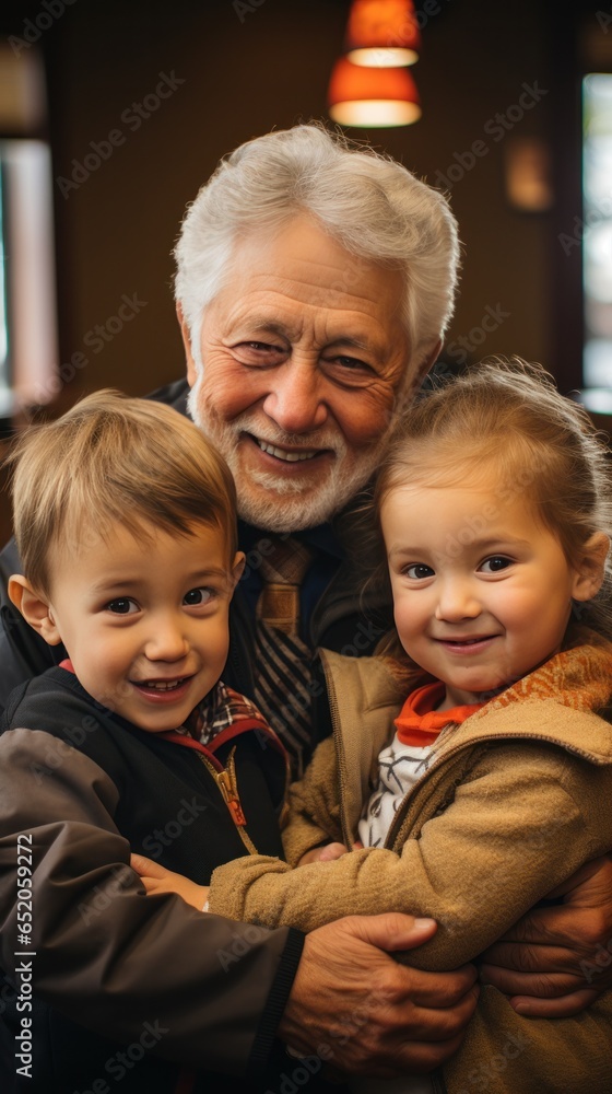 Grandparents hugging their grandchildren tightly