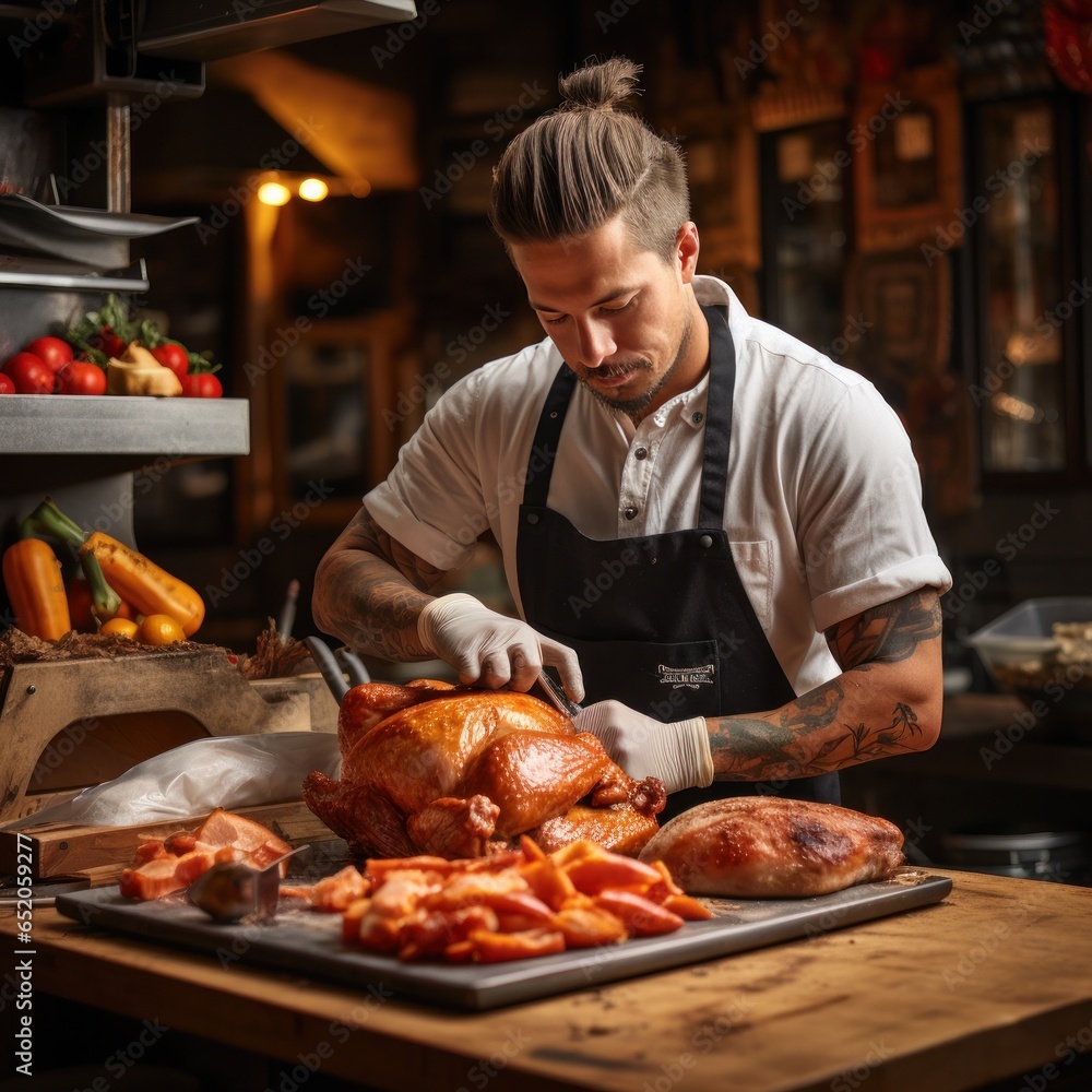 Man carving turkey with precision and skill