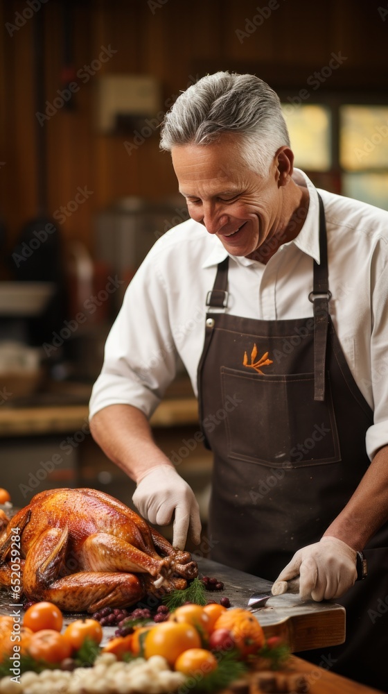 Man carving turkey with precision and skill