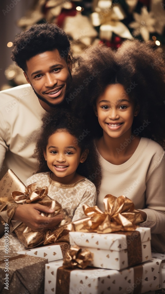 Joyful family with Christmas presents and decorations