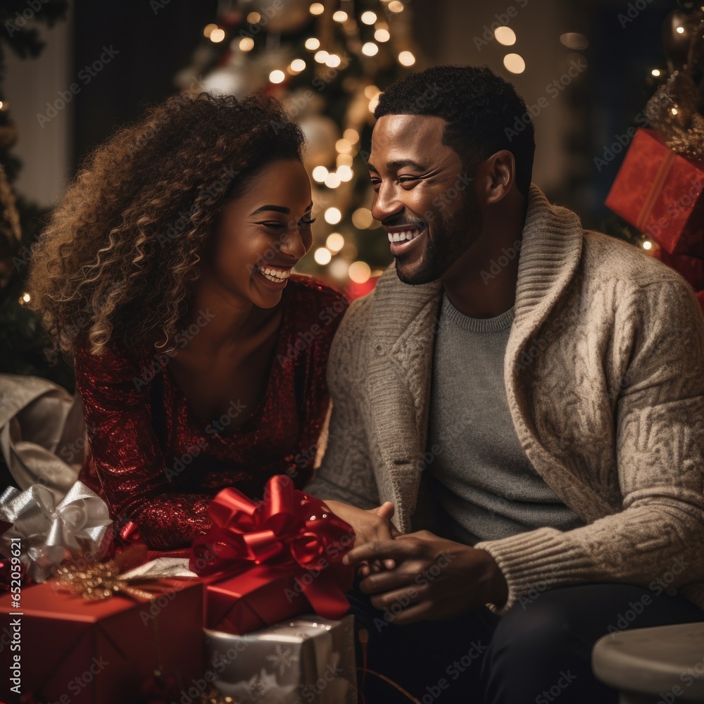 Smiling couple exchanging gifts near a decorated tree