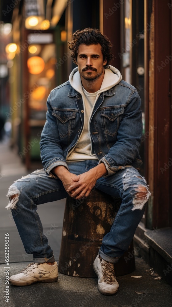 Man in denim jacket and ripped jeans