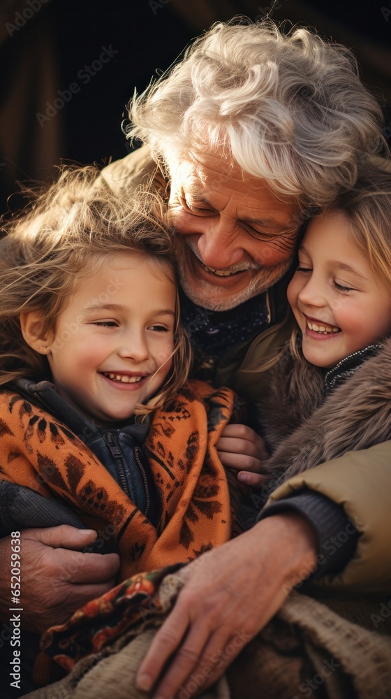 Grandparents hugging their grandchildren tightly