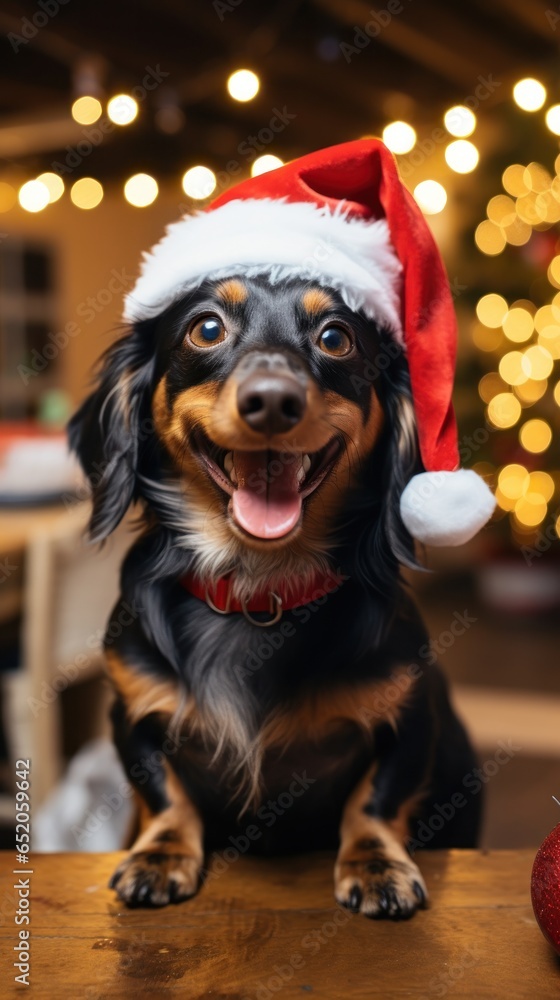 Happy dog posing in a Santa hat with his owner