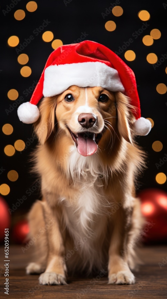 Happy dog posing in a Santa hat with his owner