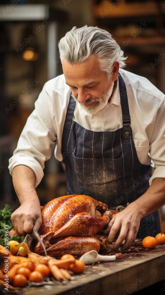 Man carving turkey with precision and skill