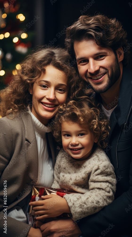 Joyful family with Christmas presents and decorations