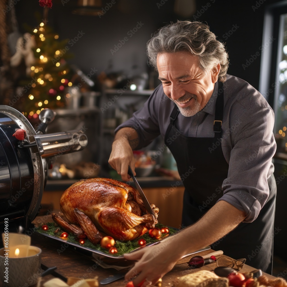 Man carving turkey with precision and skill