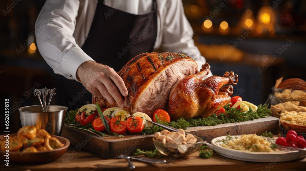 Man carving turkey with precision and skill