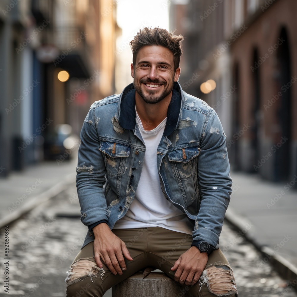 Man in denim jacket and ripped jeans