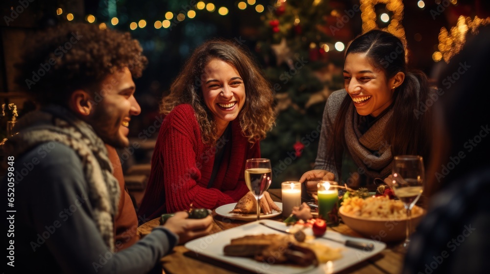 Happy friends enjoying a festive dinner together