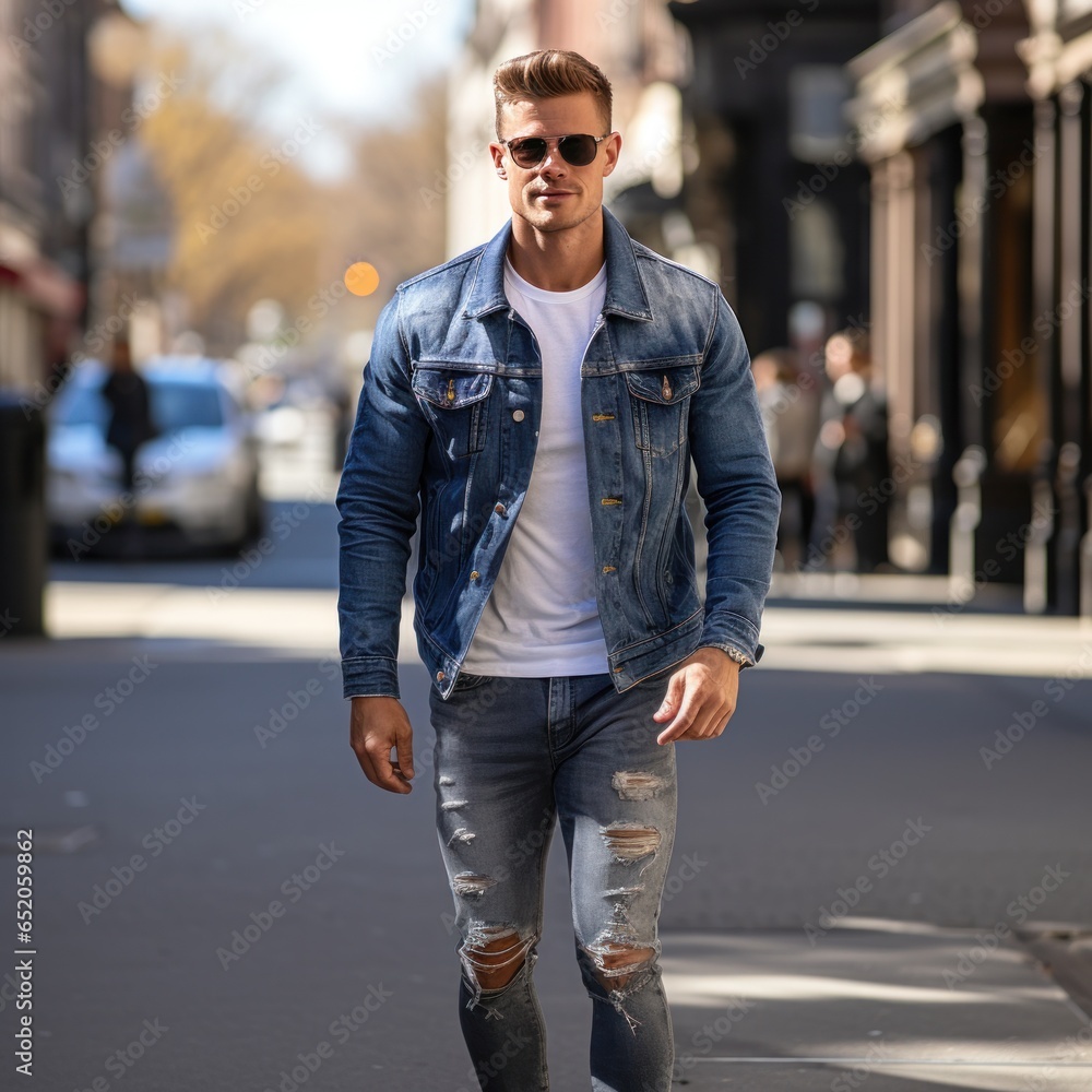 Man in denim jacket and ripped jeans