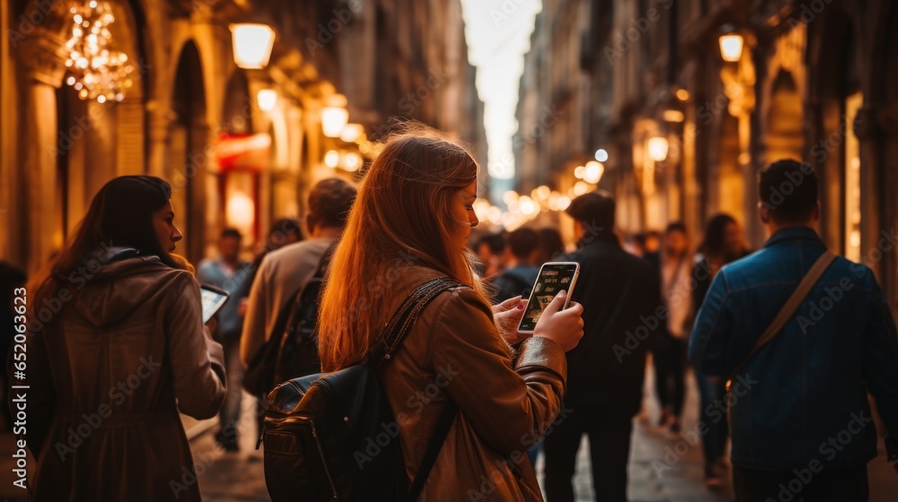 Tourists snapping photos in busy city