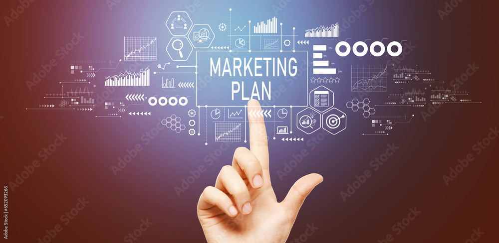 Marketing plan theme with hand pressing a button on a technology screen