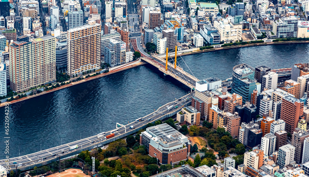 Aerial view of the Sumida River in Tokyo, Japan