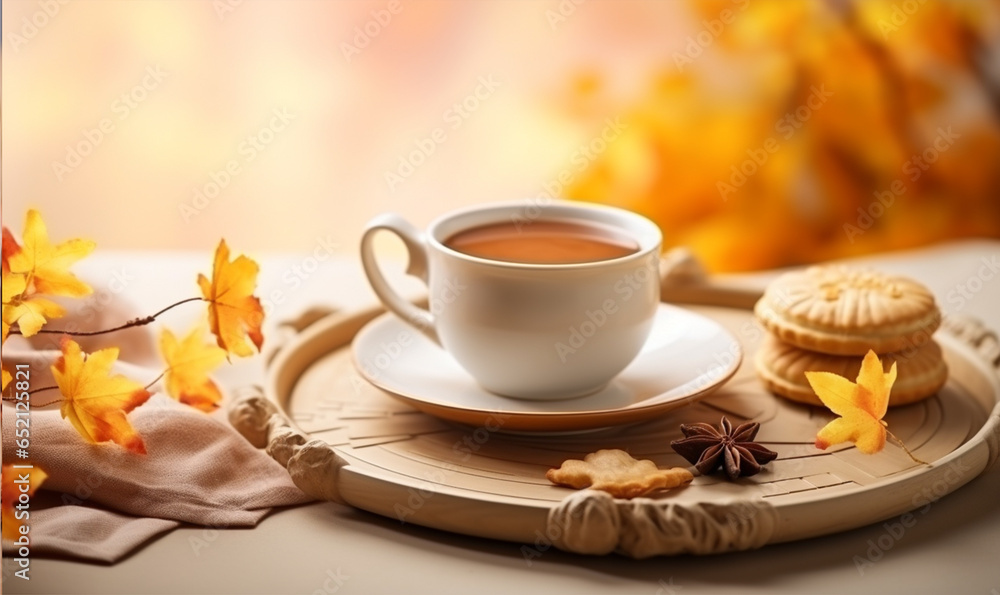 Close up tea cup with Moon cake, Mid-Autumn Festival concept, Autumn leafs decoration.