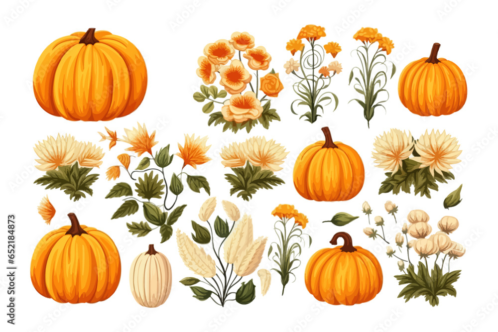 Pattern with pumpkins leaves and flowers. Cartoon autumn. Vector illustration design.