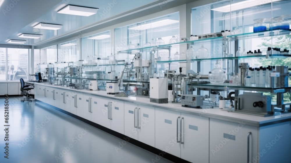 High-tech laboratory with advanced equipment inside a pharmaceutical manufacturing facility.