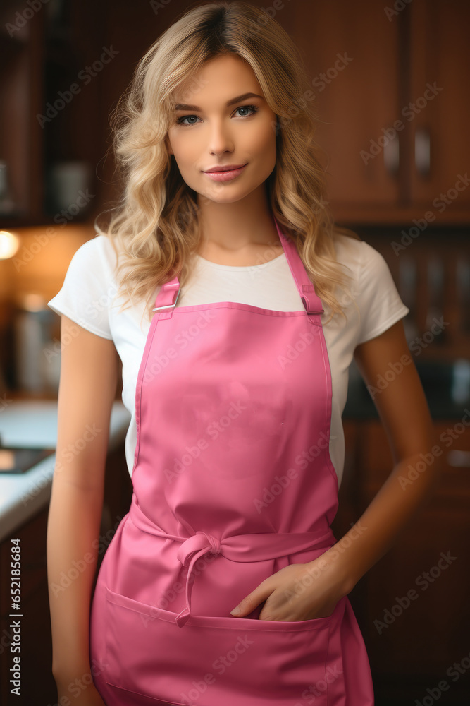 Beautiful woman wear pink apron in the kitchen.