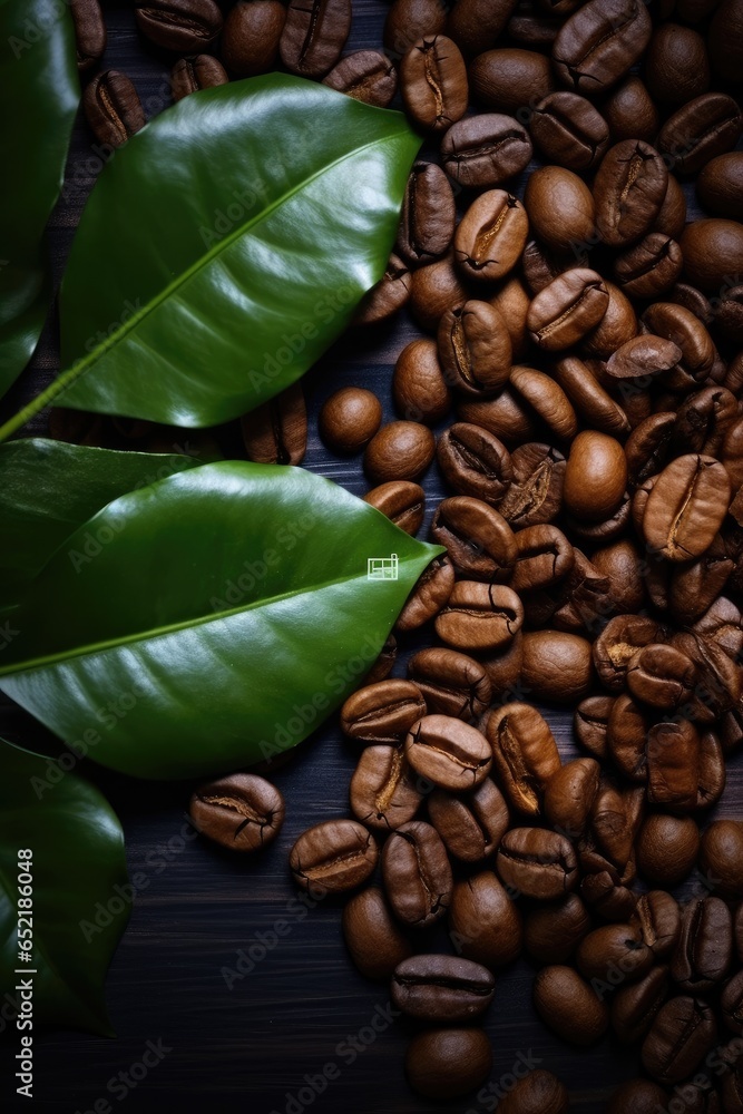 Coffee beans in background with leaves.