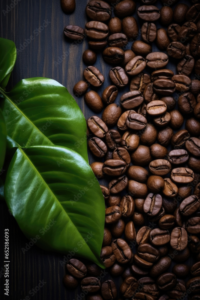 Coffee beans in background with leaves.