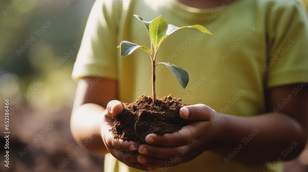 Child hand holding tree, Forest conservation concept.