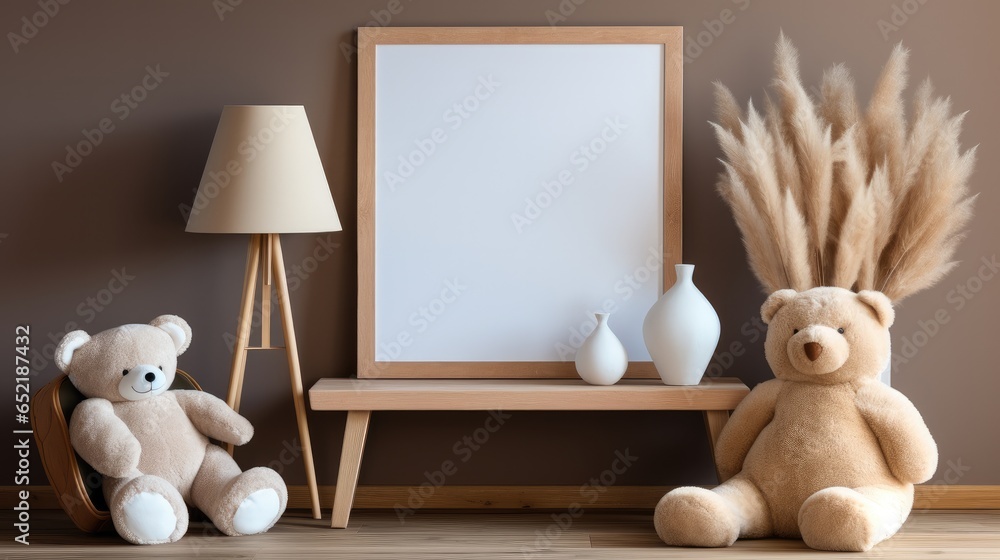 Mockup frame white in children room with natural wooden furniture, Farmhouse style interior background.