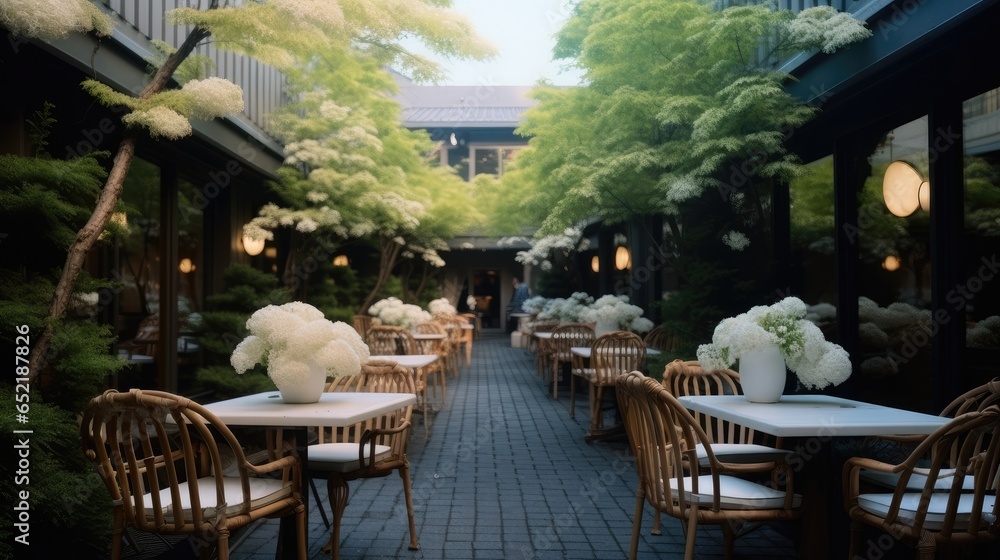 Outdoor seating and tables with flowers and greenery.