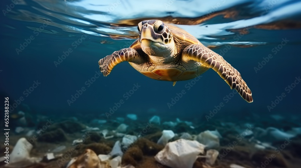 Swimming sea turtle with water polluted household garbage, Environmental disaster in sea.