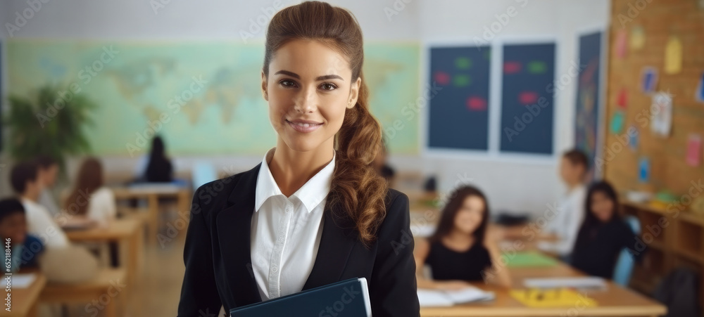 Portrait of beautiful female school teacher in suit standing in modern classroom with student.