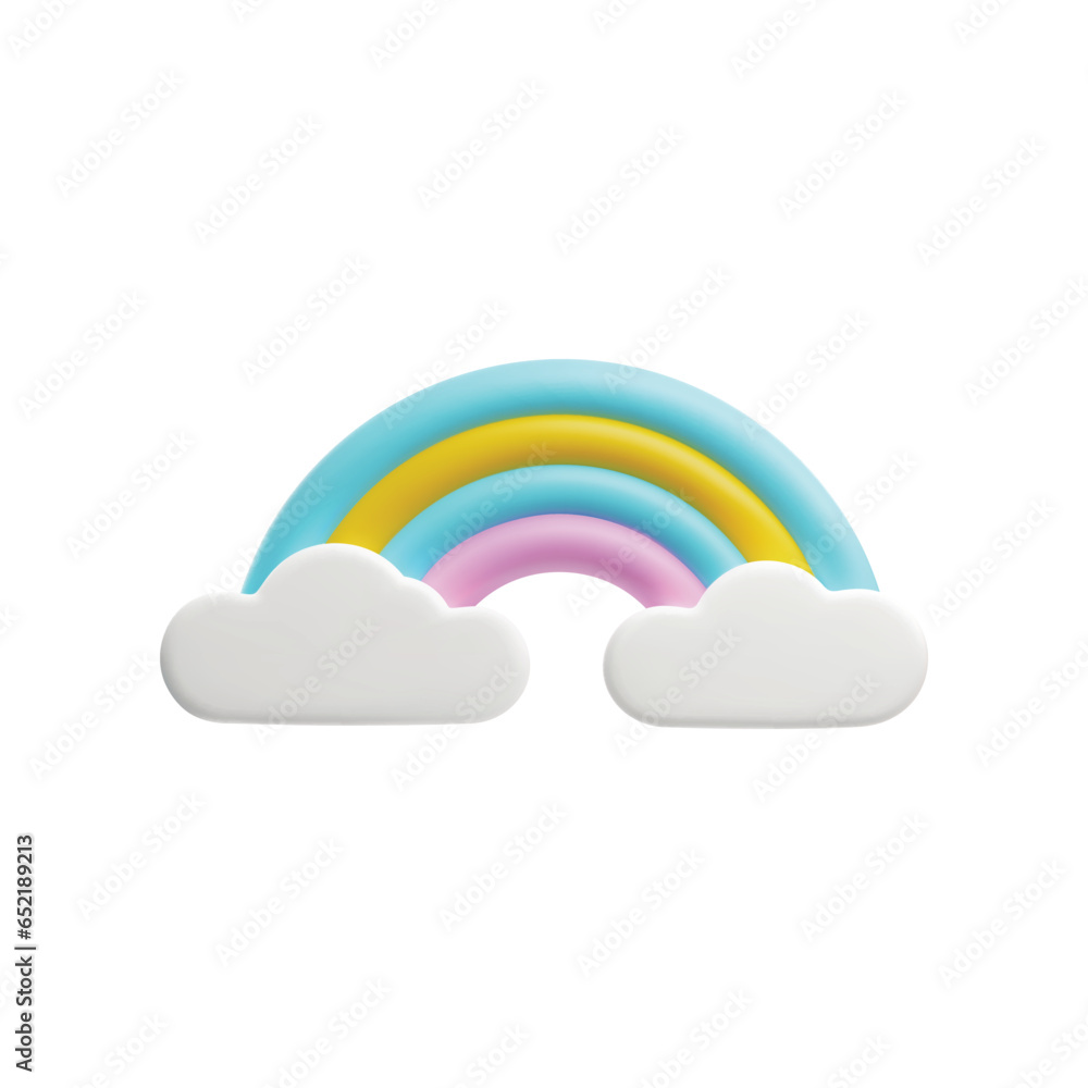 3d rainbow with clouds, bright entertaining childrens toy, plastic baby decoration cartoon vector illustration isolated