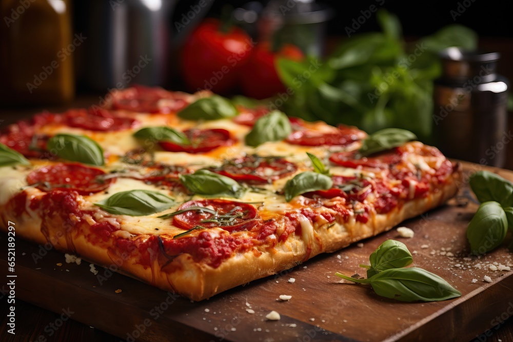 homemade Sicilian square pizza with mozzarella, tomatoes and basil