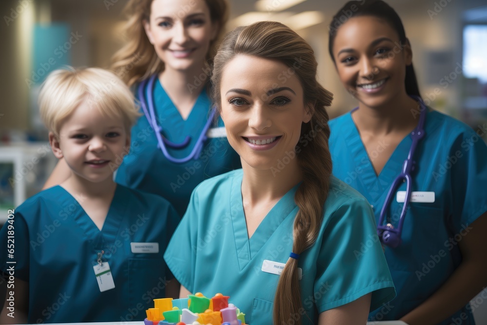 Several Healthcare and Childcare Professionals at health care center.