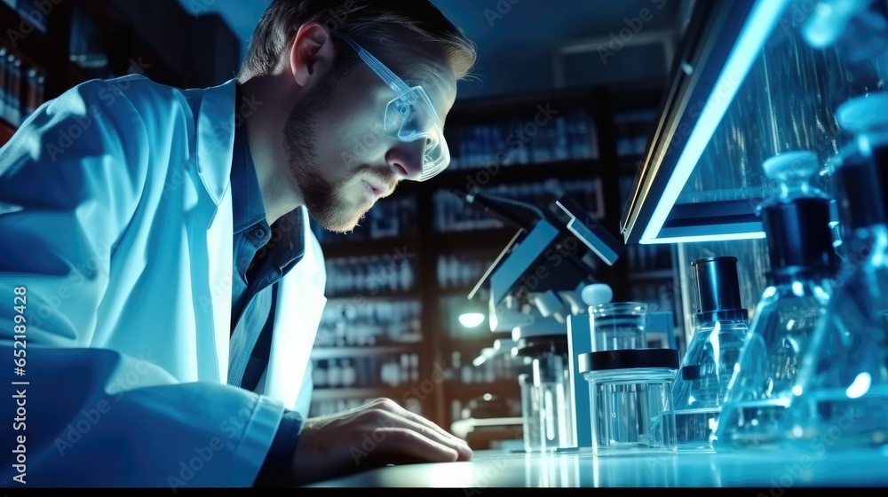 A researcher work meticulously on pharmaceutical inside a pharmaceutical manufacturing facility.