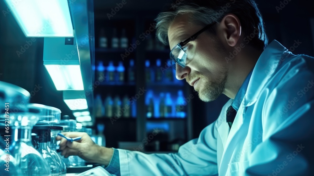 A researcher work meticulously on pharmaceutical inside a pharmaceutical manufacturing facility.