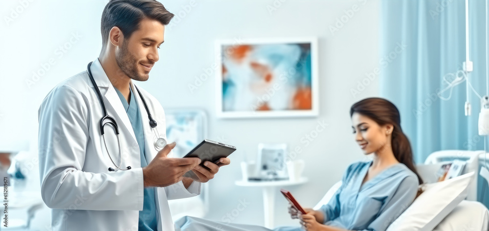 Doctor checklist patient information for health insurance using tablet, Consultation and advice, Hospital.